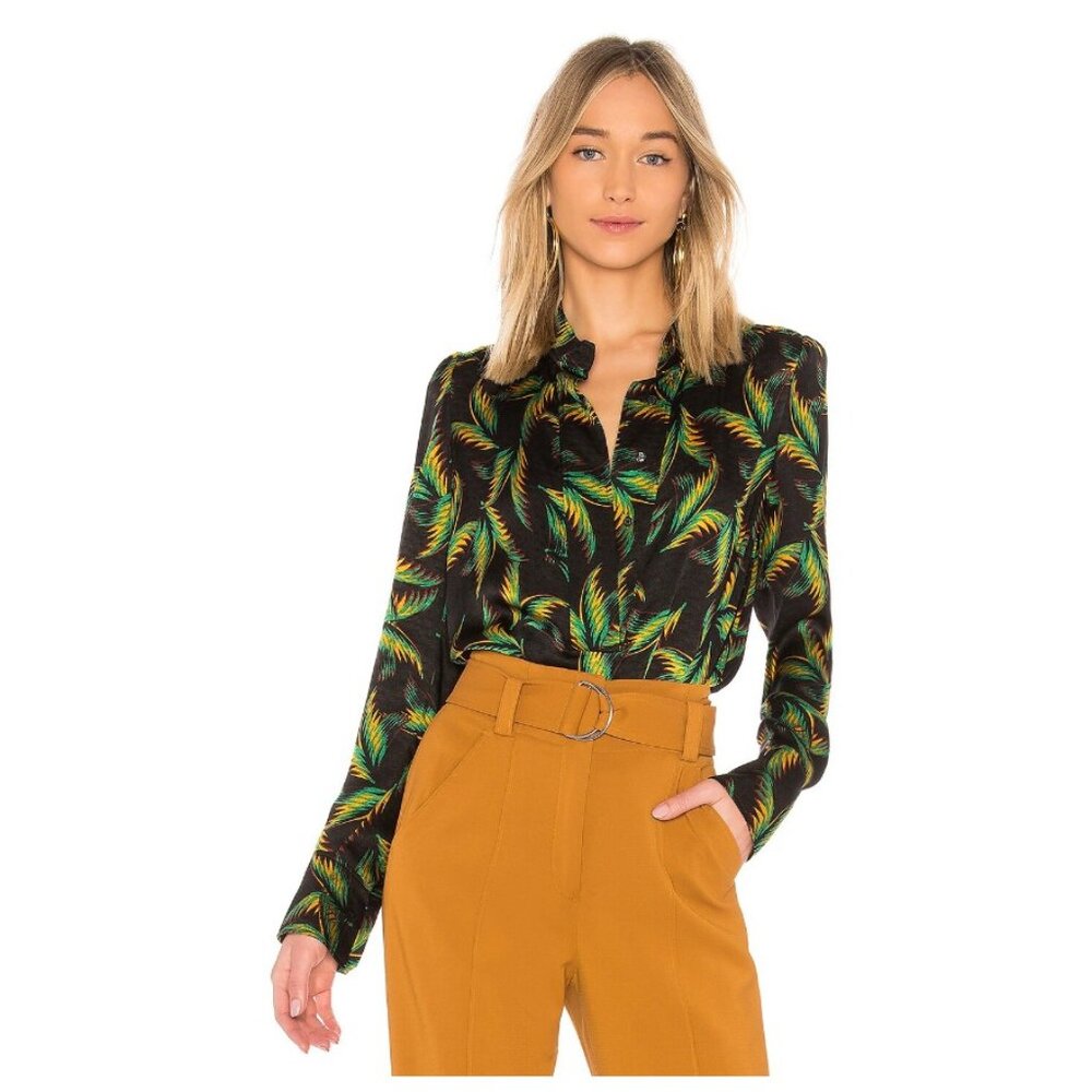 Women’s Black Tropical Print Button-Up Blouse